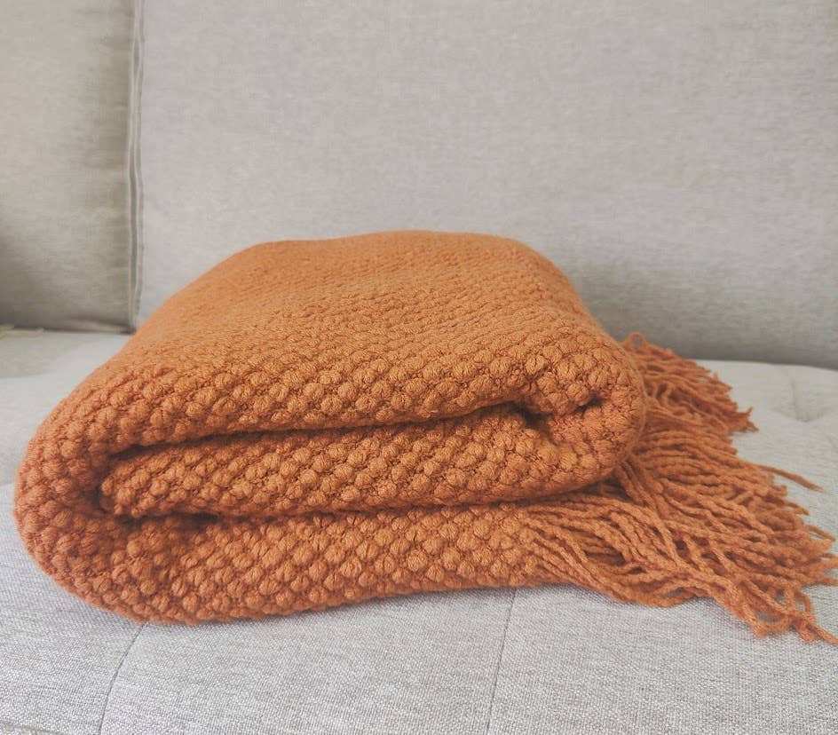 Knit Textured 50"x60" Throw Blanket with Fringe: Navy Blue
