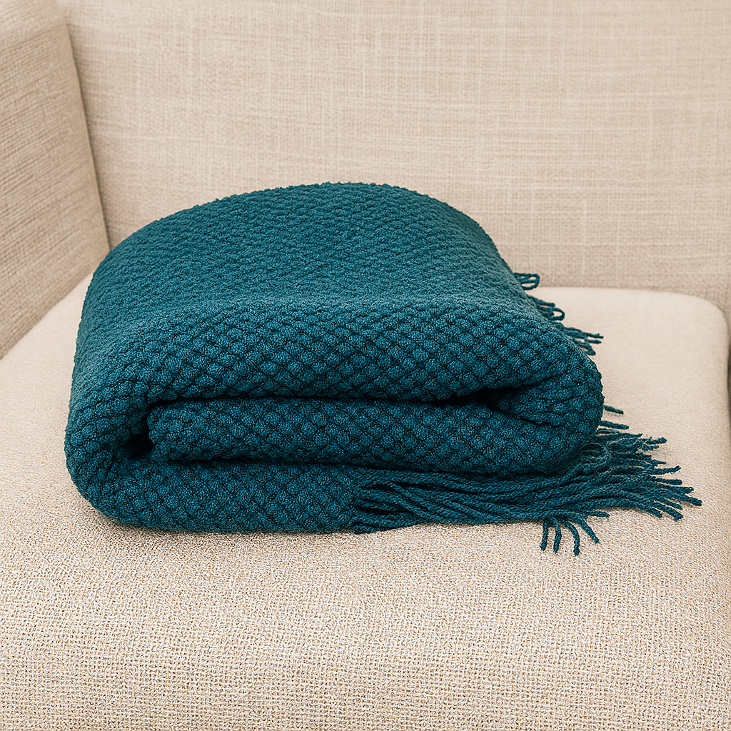 Knit Textured 50"x60" Throw Blanket with Fringe: Navy Blue