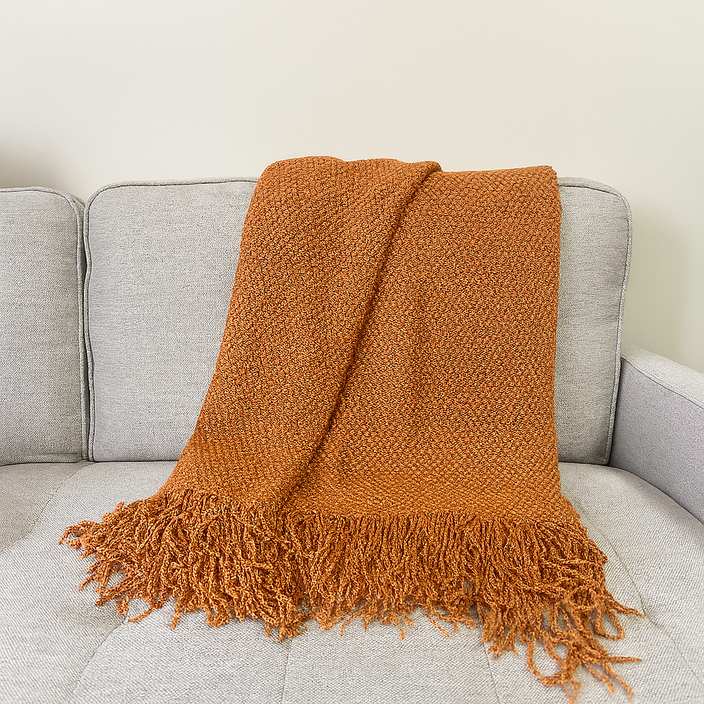 Knit Textured 50"x60" Throw Blanket with Fringe: Ivory