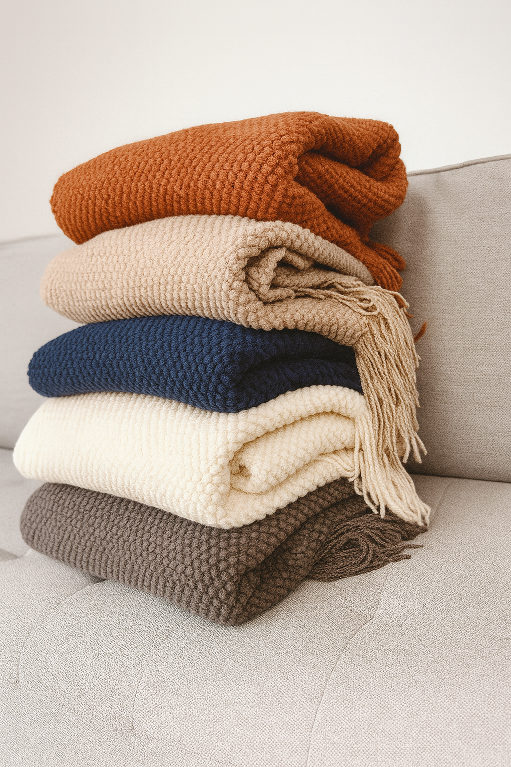 Knit Textured 50"x60" Throw Blanket with Fringe: Ivory