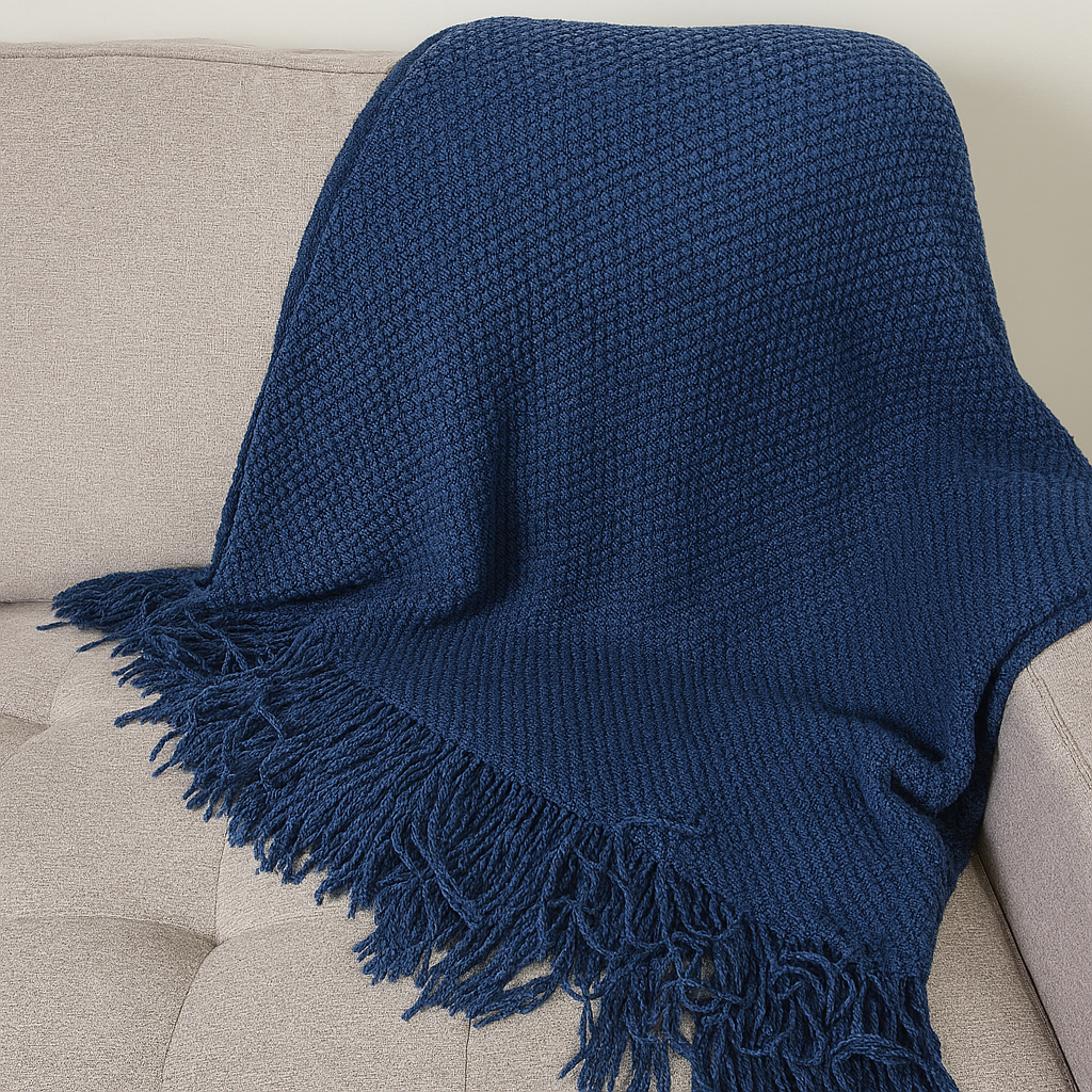 Knit Textured 50"x60" Throw Blanket with Fringe: Navy Blue
