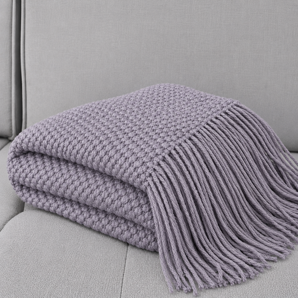 Knit Textured 50"x60" Throw Blanket with Fringe: Ivory