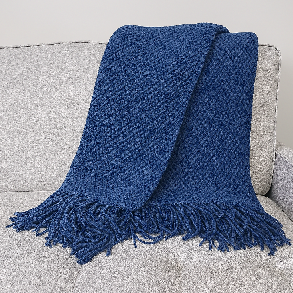 Knit Textured 50"x60" Throw Blanket with Fringe: Ivory