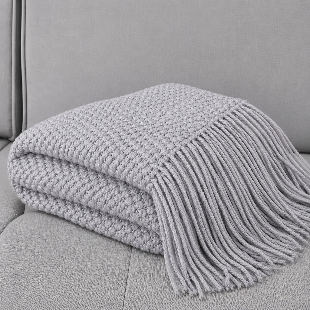 Knit Textured 50"x60" Throw Blanket with Fringe: Navy Blue