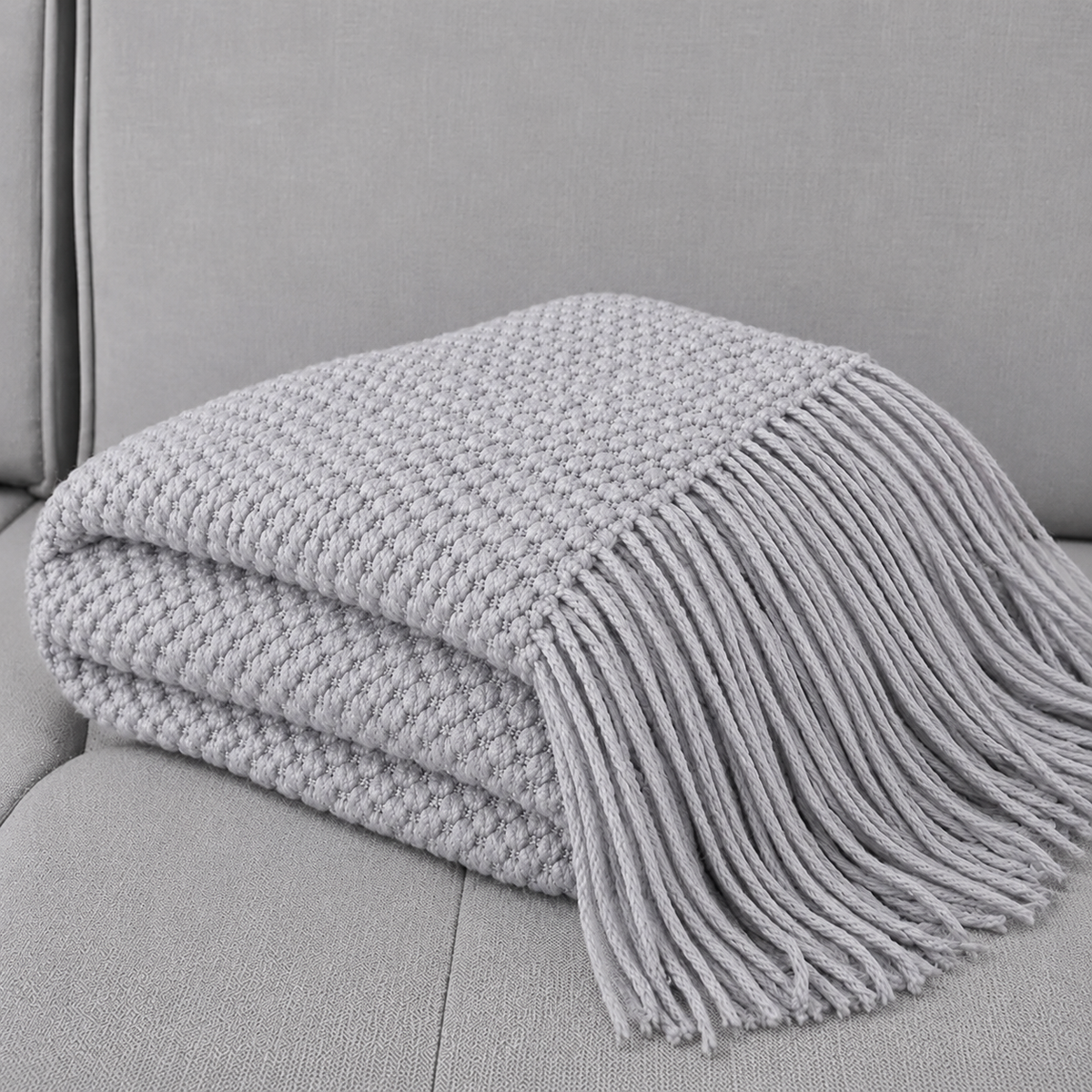Knit Textured 50"x60" Throw Blanket with Fringe: Ivory