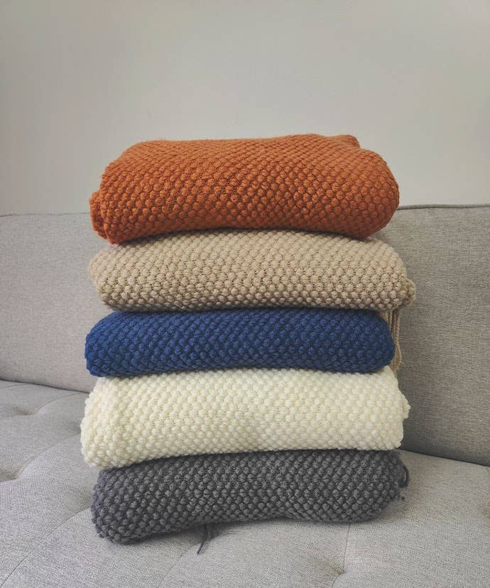 Knit Textured 50"x60" Throw Blanket with Fringe: Ivory