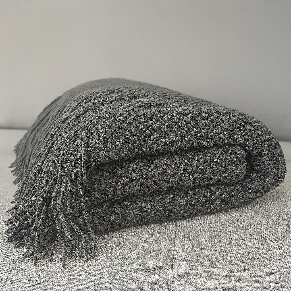 Knit Textured 50"x60" Throw Blanket with Fringe: Ivory
