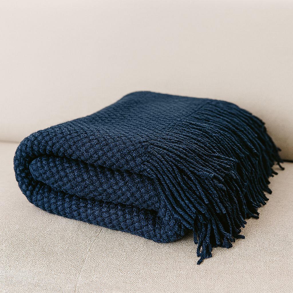 Knit Textured 50"x60" Throw Blanket with Fringe: Ivory