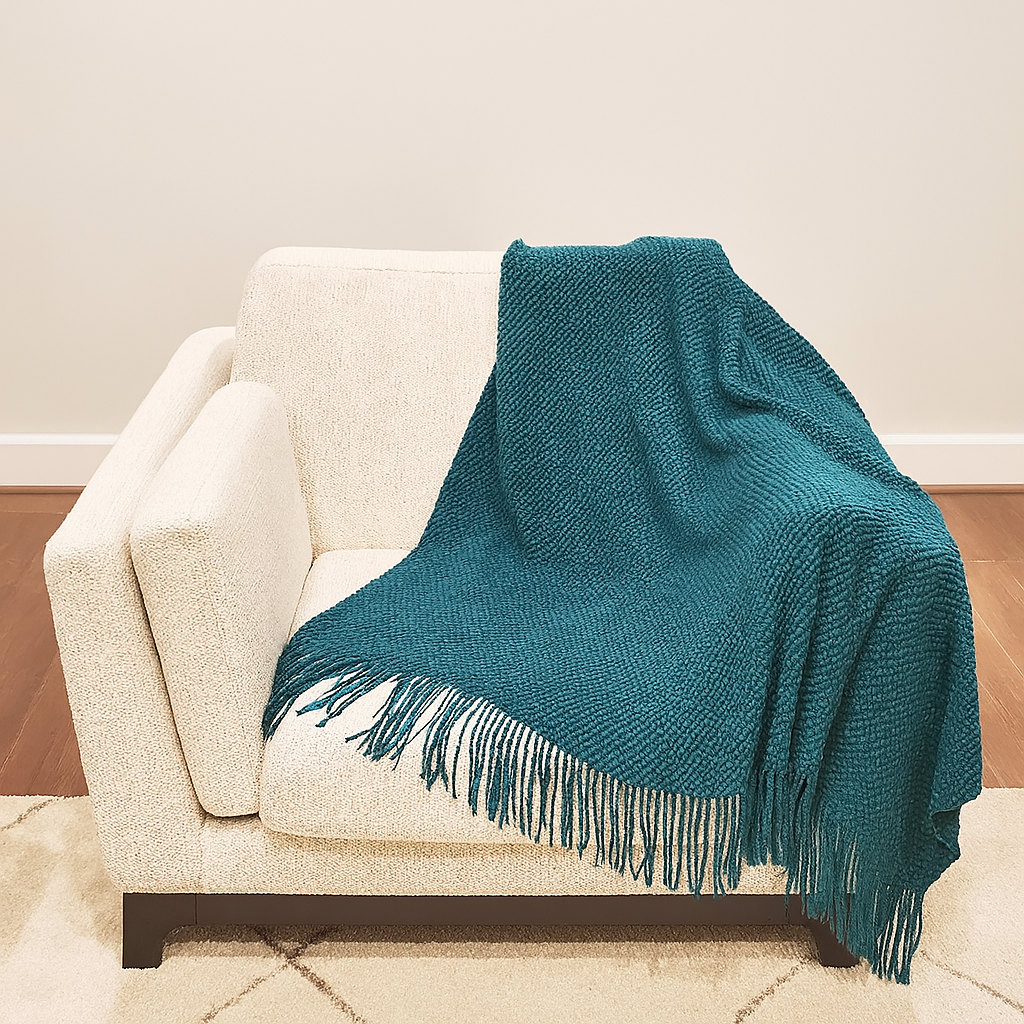 Knit Textured 50"x60" Throw Blanket with Fringe: Navy Blue