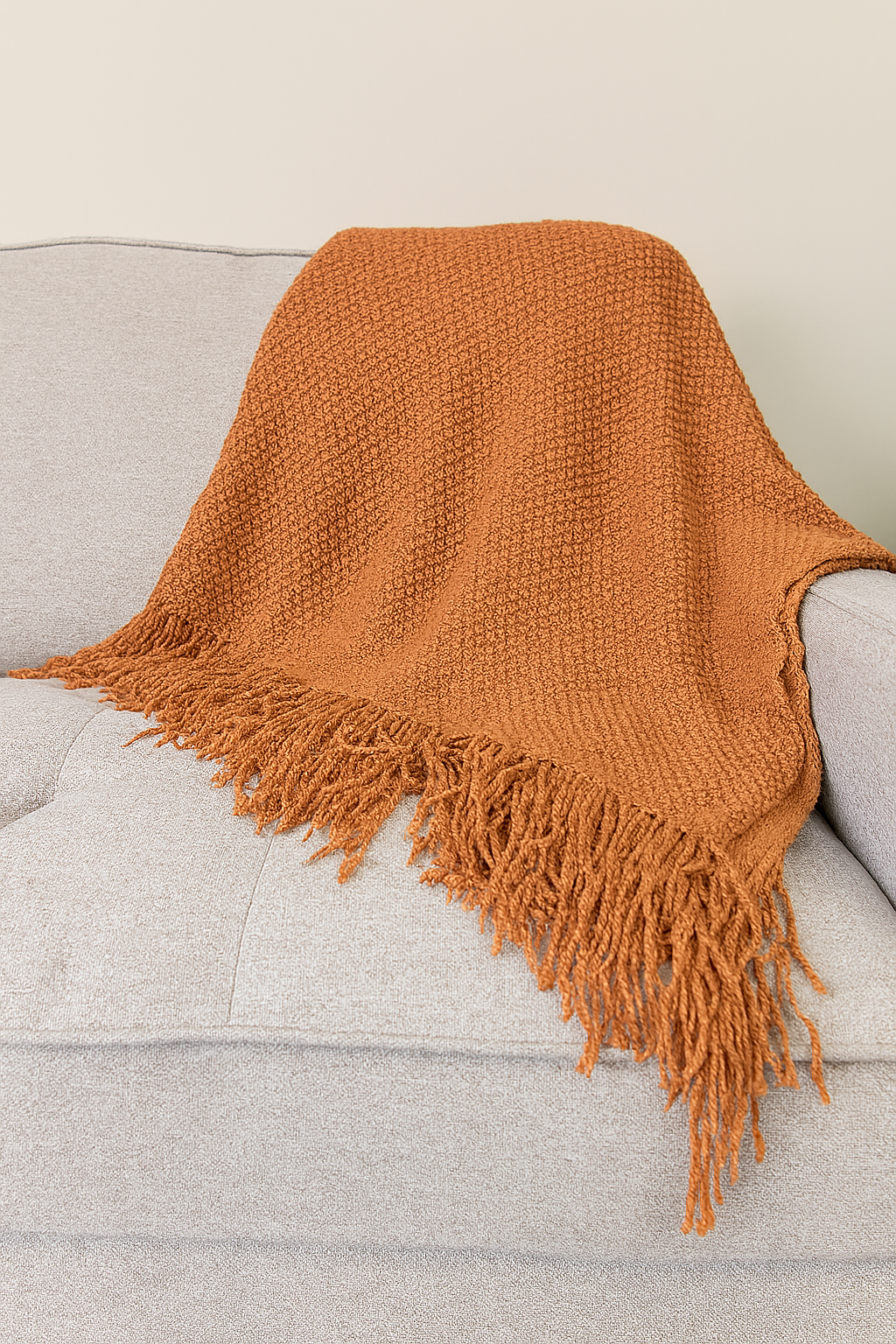 Knit Textured 50"x60" Throw Blanket with Fringe: Ivory
