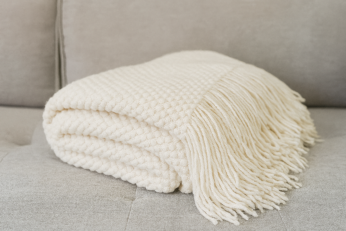 Knit Textured 50"x60" Throw Blanket with Fringe: Ivory