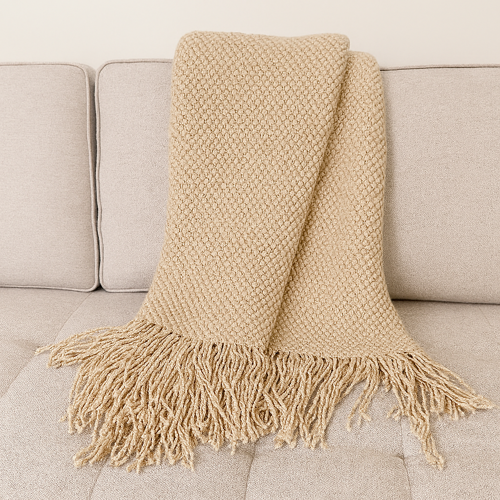 Knit Textured 50"x60" Throw Blanket with Fringe: Navy Blue