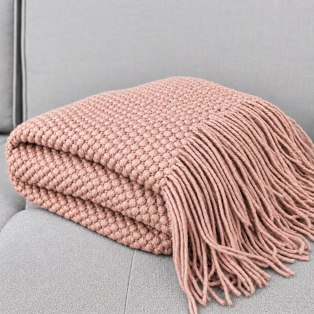 Knit Textured 50"x60" Throw Blanket with Fringe: Navy Blue
