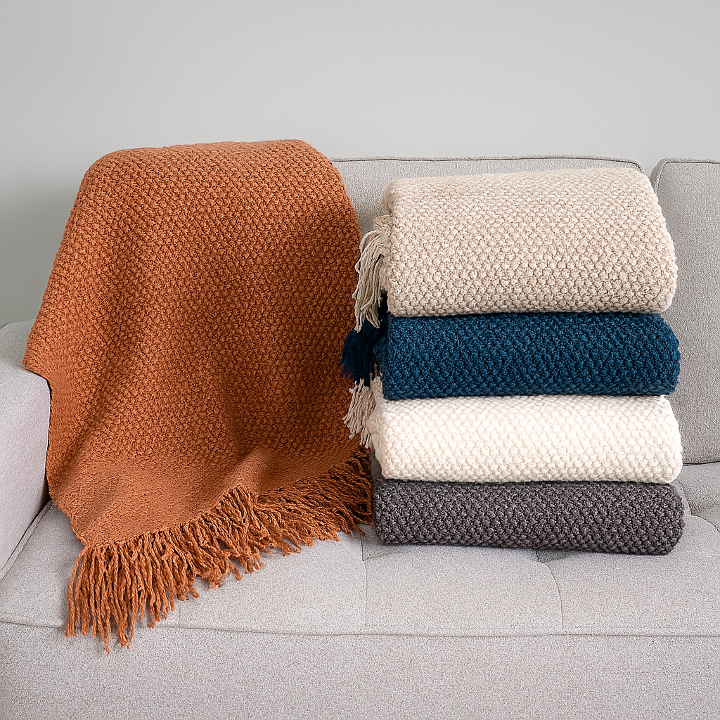 Knit Textured 50"x60" Throw Blanket with Fringe: Navy Blue