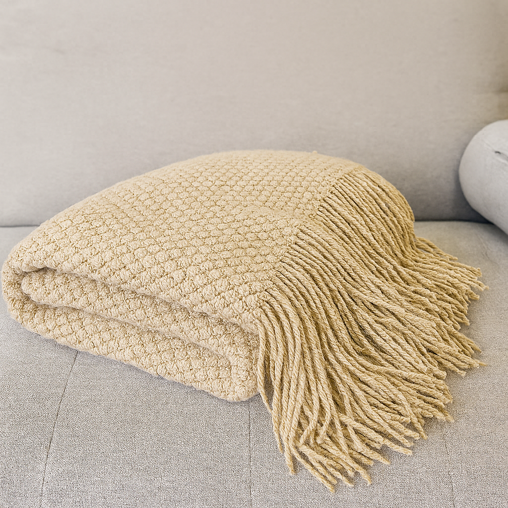 Knit Textured 50"x60" Throw Blanket with Fringe: Ivory