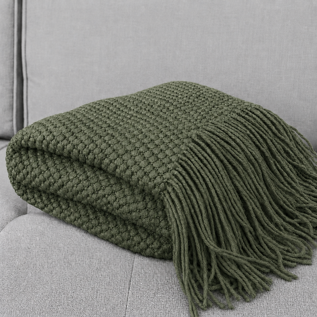 Knit Textured 50"x60" Throw Blanket with Fringe: Navy Blue