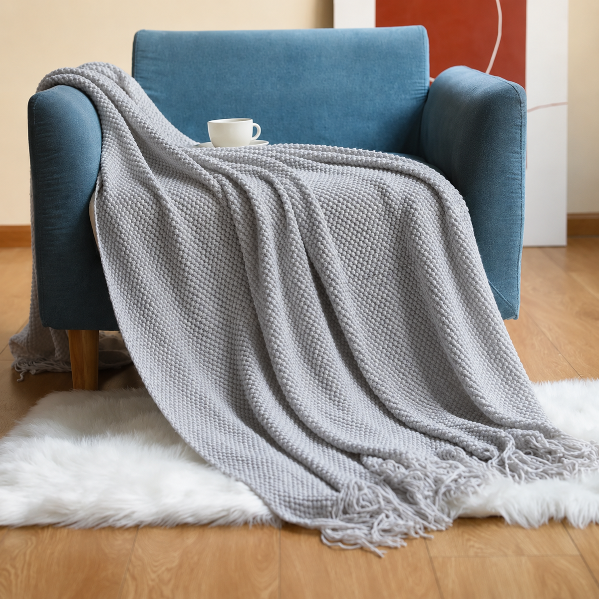Knit Textured 50"x60" Throw Blanket with Fringe: Navy Blue