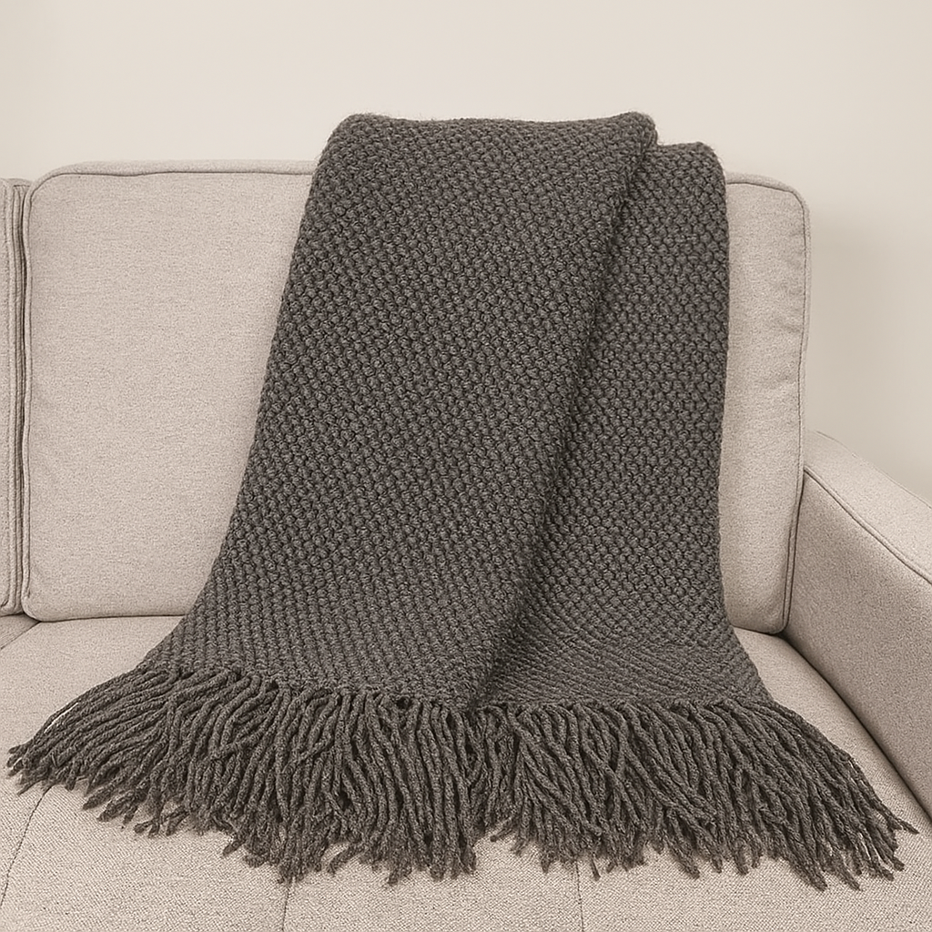 Knit Textured 50"x60" Throw Blanket with Fringe: Navy Blue