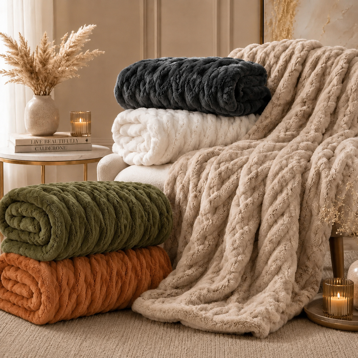 Luxe Double-Layer Faux Fur Throw Blanket – 50" x 60": Khaki